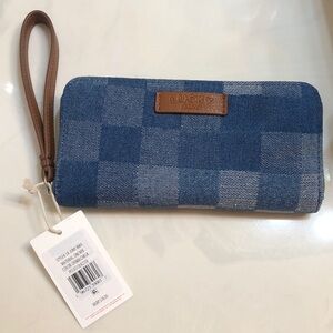 Lucky Brand Cotton & Faux Leather Denim Checkered ZA Wallet + Wrist Strap NWT